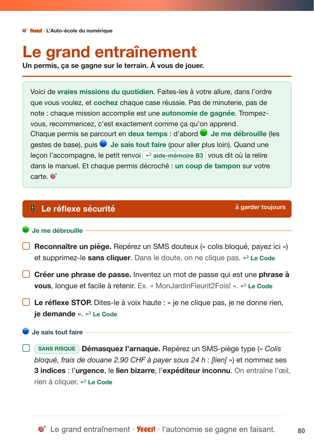 Page d'entraînement : de vraies missions du quotidien à cocher, avec le réflexe sécurité