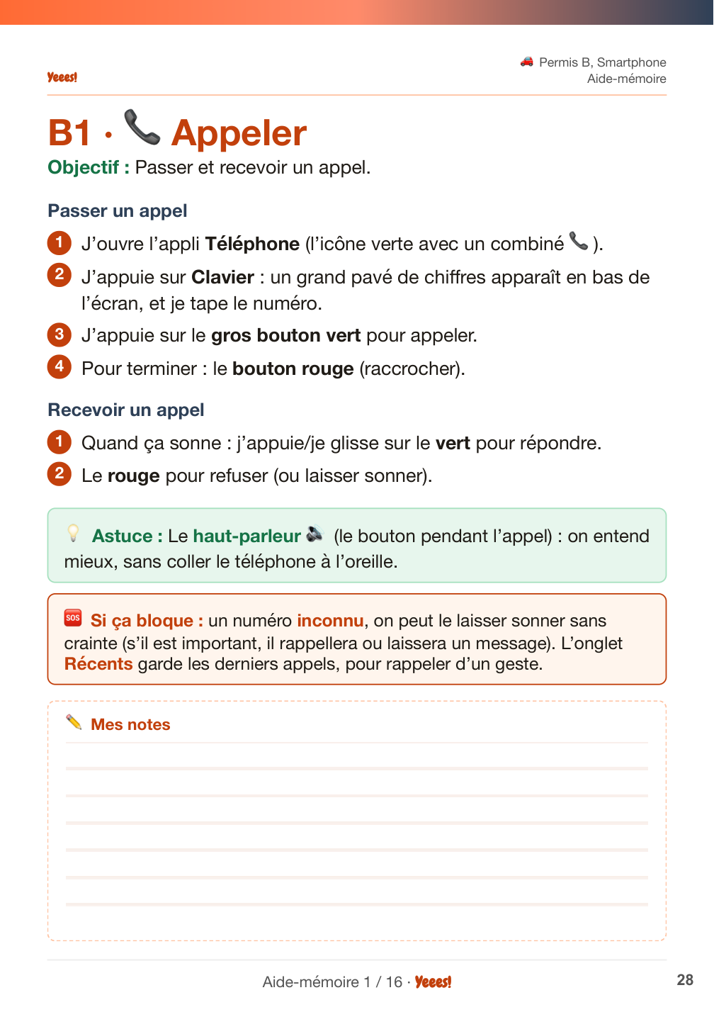 Page de leçon : appeler, étape par étape, avec une astuce et un encadré si ça bloque